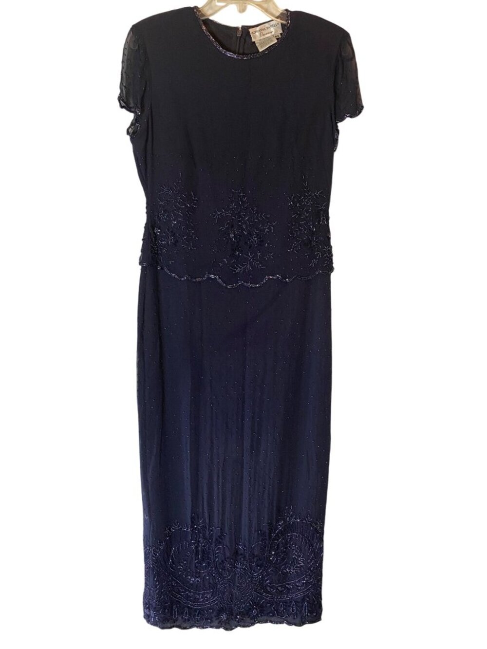 Adrianna Papell Occasions Navy Beaded Short Sleeve Silk Dress 8 Petite